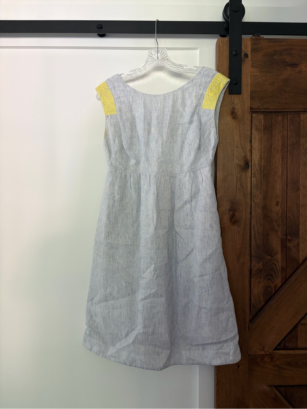 j.crew light blue linen dress with yellow embroidered shoulder accents